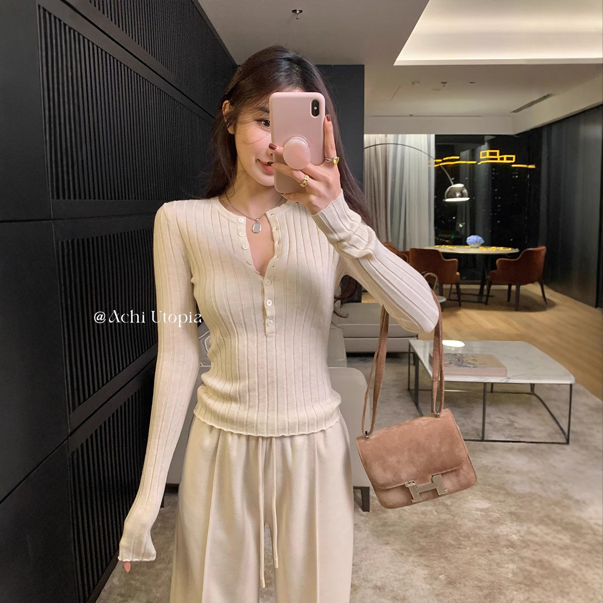 Manifei Korean Style New Half-Open Collar Pit Strip Knitted Bottoming Shirt for Women Long-Sleeved Slimming Look Inner Top for Women