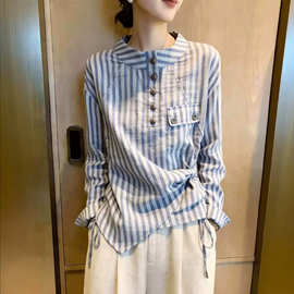 韩版通勤风蓝白条纹衬衫女夏季新款设计感系带收腰显瘦小众上衣潮