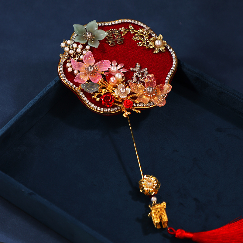 Rojo Xi carácter Mini pequeño ventilador novia Chino Xiuhe boda Palma ventilador mañana vestido de estilo antiguo accesorios de mano Accesorios