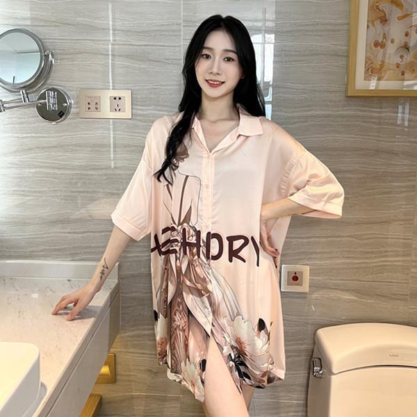 Ins-Style Summer New Trendy Short-Sleeve Nightgown for Women, Cute Turn-Down Collar Loungewear, Thin Ice Silk, Can Be Worn Outside as Pajamas