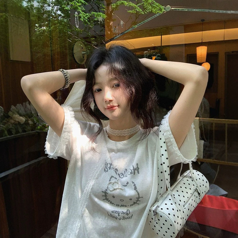 Snowflake Cotton and Linen Lace Mesh Splicing Three-Dimensional Beaded Short-Sleeve T-Shirt for Women, Summer Design, Loose Half-Sleeve Top