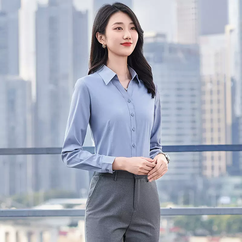 春装新款长袖V领竹纤维衬衣女士韩版职业装衬衫修身工作服正装