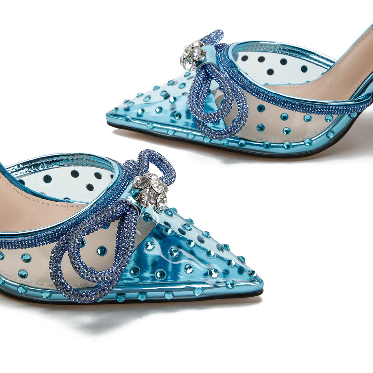 New rhine-diamond transparent high heel sandals women's fine heel pointed high heels with a line with a bun head_voghion.com