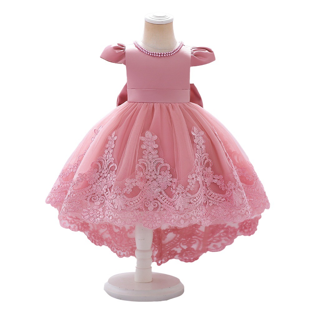 Transfronterizo nueva manga voladora con cuentas vestido de un año de edad bordado arco puffy vestido de cola flor ropa para niños ropa de rendimiento de pasarela