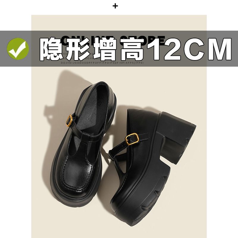 Black Round-Toe Mary Jane Shoes with a Single Strap, Chunky Heel, 12cm Internal Height Increase, Shallow Mouth, Small Size 33, in Stock for Wholesale