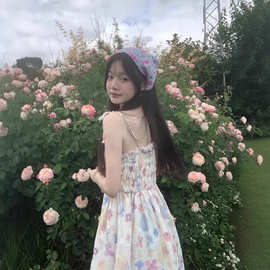 夏日多巴胺碎花系带连衣裙女日系软妹小清新仙气小个子吊带长裙子