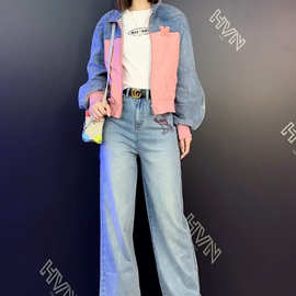 春秋今年流行减龄粉蓝拼色外套牛仔裤套装女2023长袖卫衣三件套潮