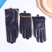 新款皮手套秋冬季 女短款触屏薄里链条装饰一件代发羊皮手套批发
