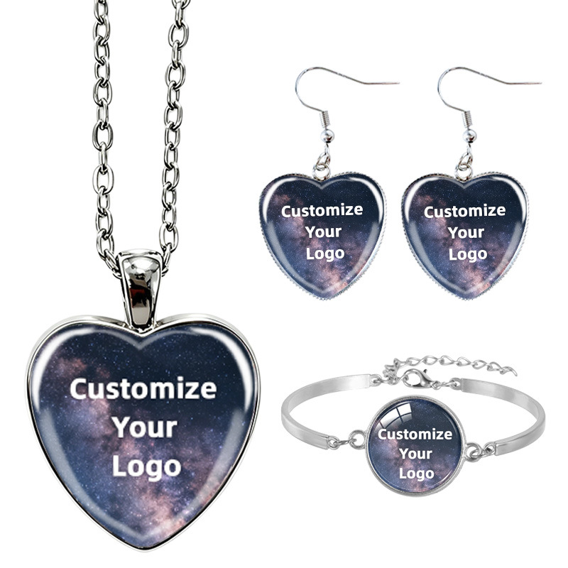Cross-border foreign trade DIY personalized heart-shaped jewelry set for women, including a necklace, earrings, and bracelet; custom designs are available based on provided images