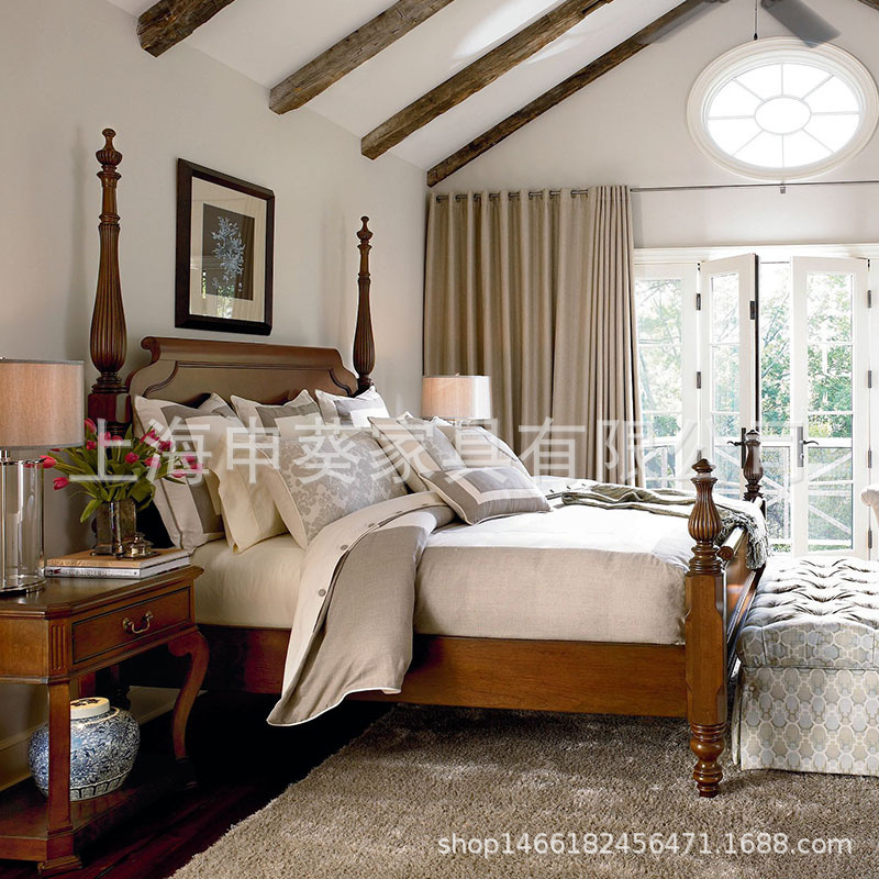 美式乡村实木轻奢四柱床原宿风简约大气双人床卧室酒店别墅样板房