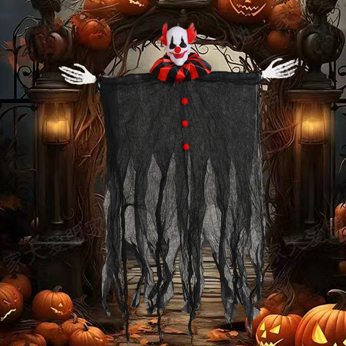 Nuevos accesorios de decoración de Halloween transfronterizos, payaso, calavera, gasa, mueca, fantasma colgante, casa embrujada, decoración de puerta de fiesta