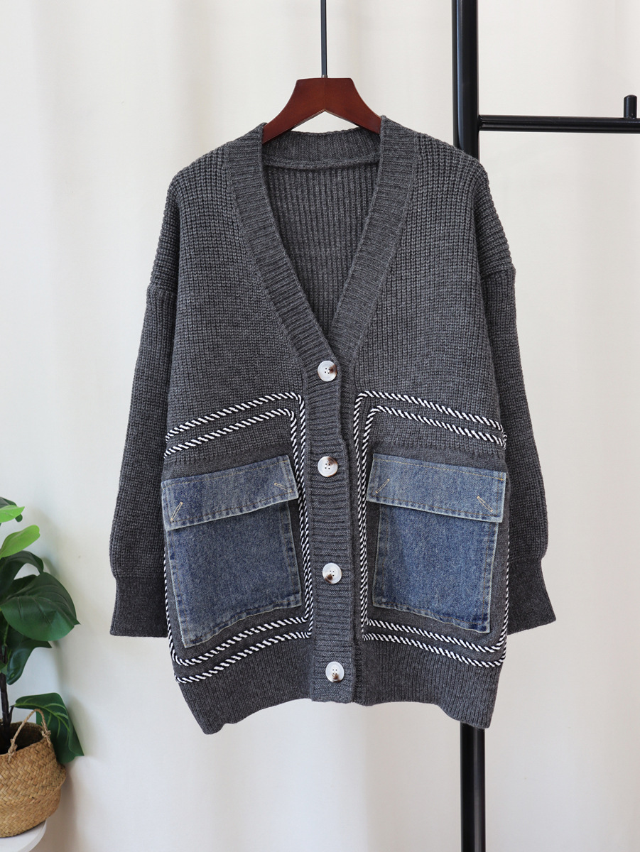 Suéter Cárdigan de Punto con Diseño Holgado y Estilo Coreano, Otoño/Invierno 2025, Chaqueta de Mezclilla con Parches para Mujer, a la Moda