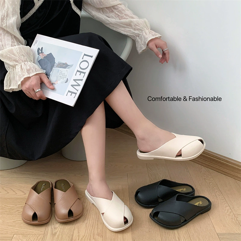 Новые модные корейские полусандалии-шлёпанцы с открытым носком, женские сандалии-вьетнамки с перекрещенными ремешками и ажурной отделкой.