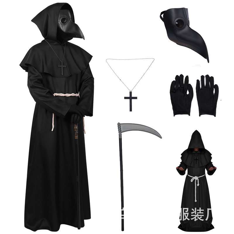 Medieval Grim Reaper Costume Monk Wizard Priest Robe Halloween Party Stage Black Beak Mask Clothes