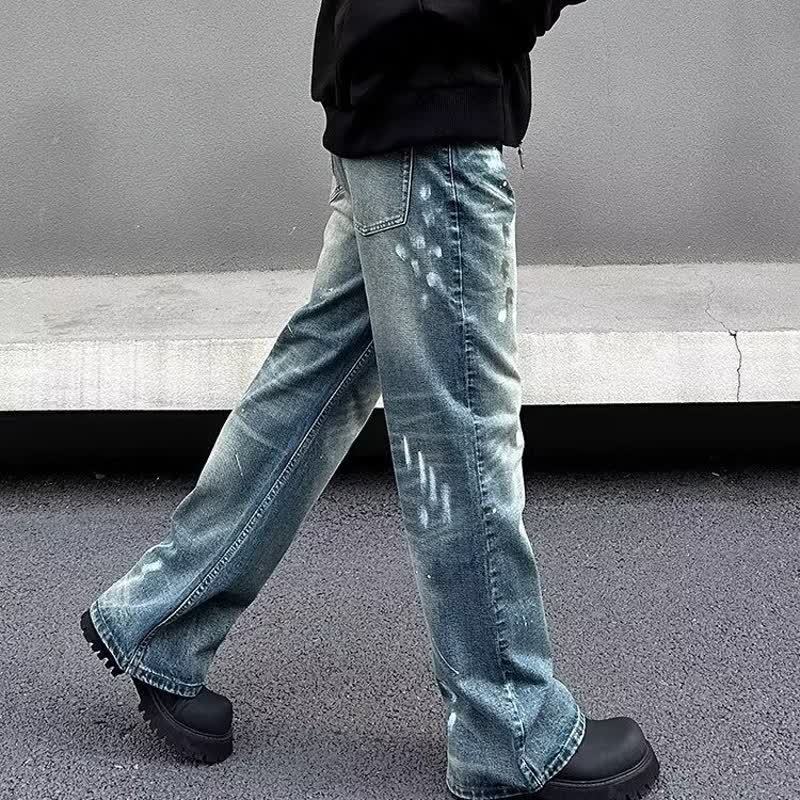 Unisex Trendy Loose Straight Leg Jeans American Retro Cleanfit Splatter Paint Casual Floor Length Wide Leg Pants_mkmklike.com