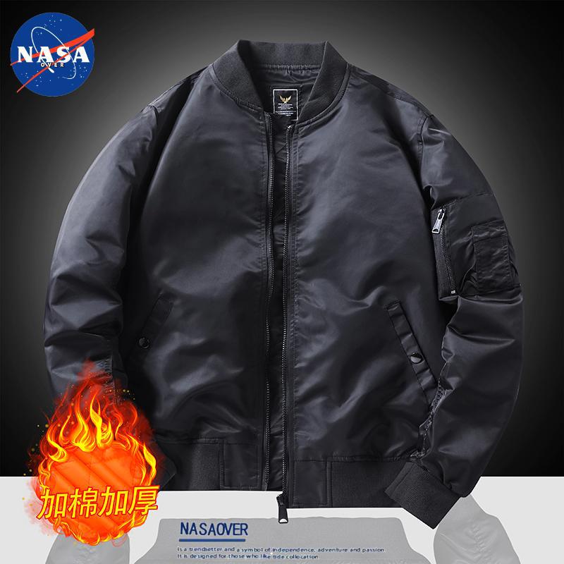 Nasa Brand Pilot Jacket for Men, Versatile Casual Thickened Warm Loose Baseball Jacket with Cotton Lining