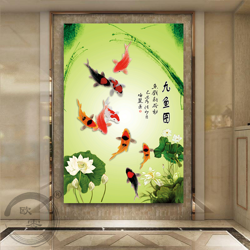 九魚図装飾画招財風水客間廊下通路入戸玄関壁画ハスの花竹壁貼り掛け絵|undefined