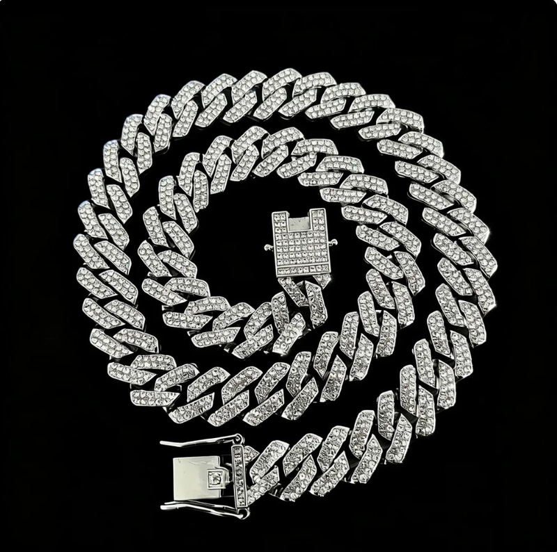 European and American Hip-Hop 15mm Full Diamond Rhombus Cuban Chain Men's Necklace Cross-Border Jewelry Exaggerated Clavicle Chain Neck Chain Accessories