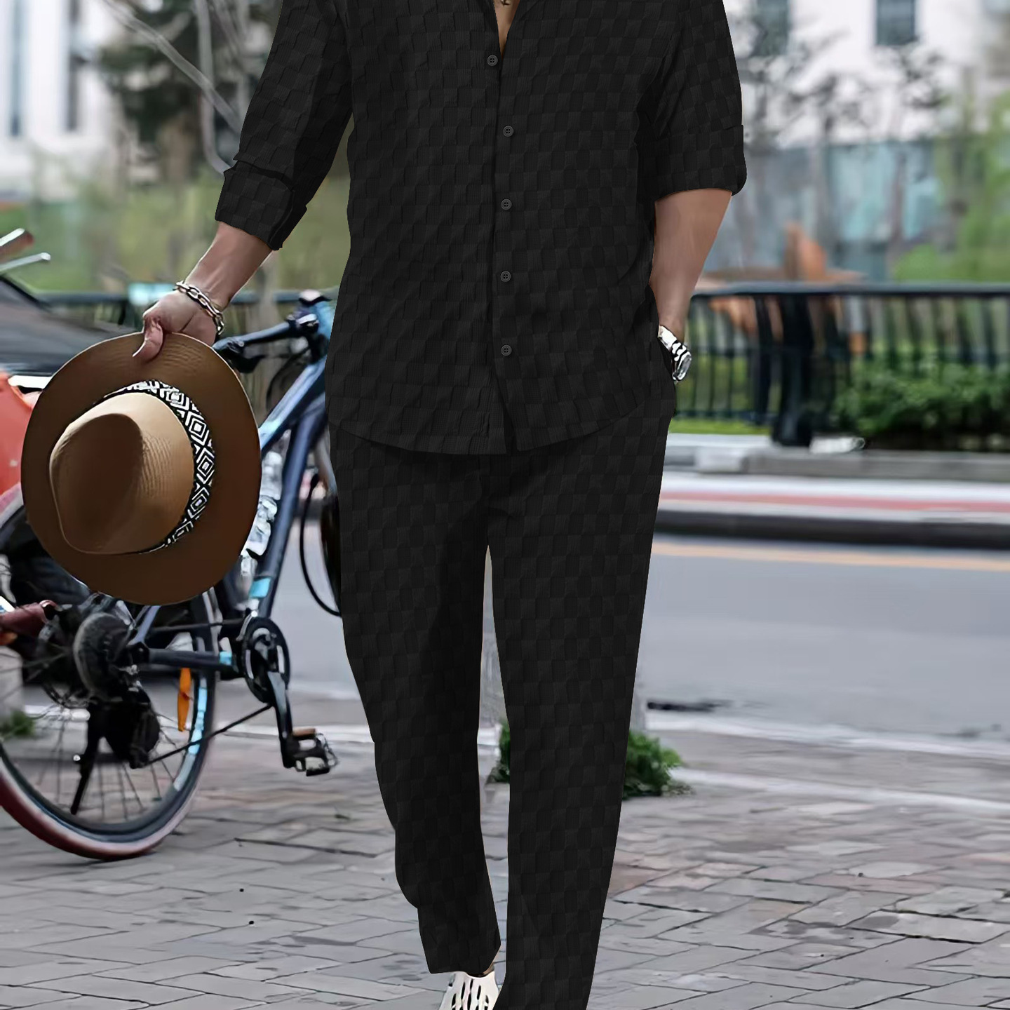 Cross-border European American Autumn Bestseller Men's Plaid Henley Collar Shirt And Trousers Trendy Casual_voghion.com
