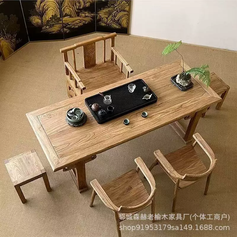 老榆木茶桌民宿实木大板桌茶室禅意风化茶台桌原木餐桌椅