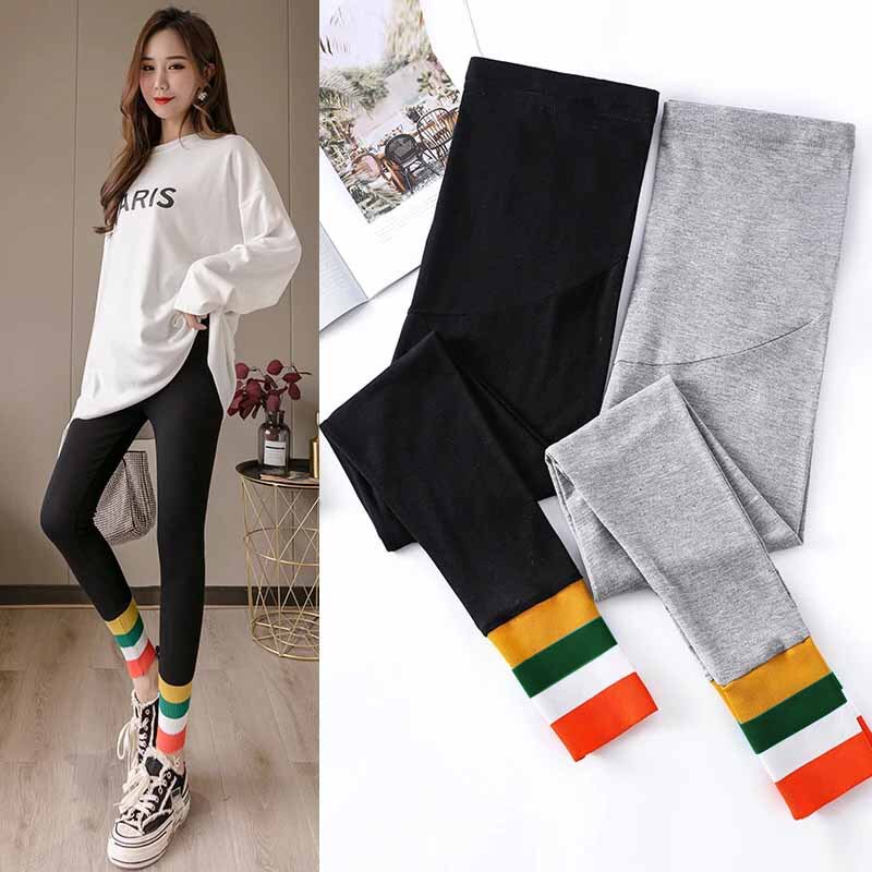 Maternity Fashion Leggings Spring and Autumn New Style High-Waisted Tummy Support Slimming Rainbow Striped Pants