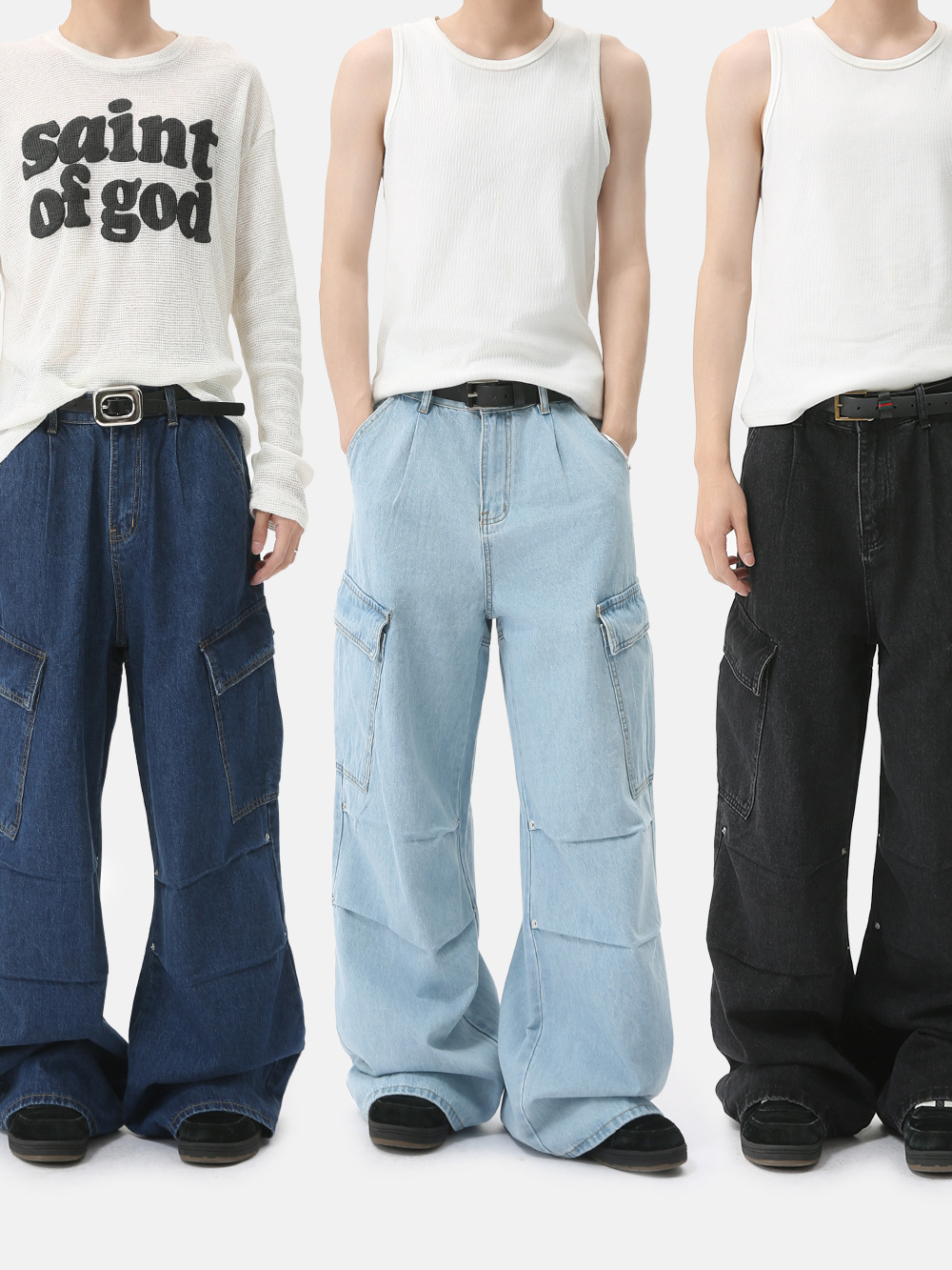 MTLCLOTHES Ropa de hombre | Korean High Street Heavy Industries Deconstruye Vaqueros de trabajo rectos de pierna ancha con múltiples bolsillos tridimensionales