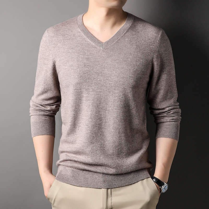 Pure Wool Men's High-end Chicken Heart V-neck Casual Knitwear Autumn and Winter All-match Loose Long-sleeved Base Shirt Sweater
