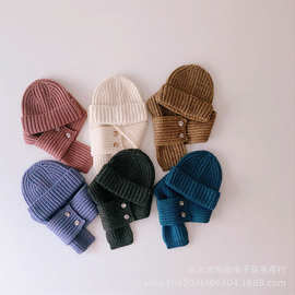 韩国简约俩纽扣儿童帽子加围巾套装 冬季宝宝保暖防风针织帽围巾