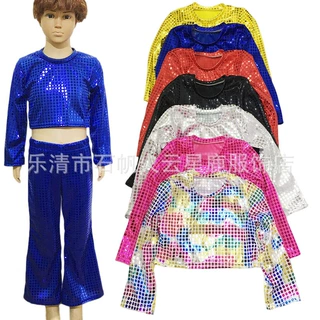 儿童成人跳舞服装圆点亮片演出服长袖露脐T恤衫上衣