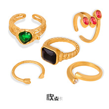 跨境热销ins风几何爱心多色戒指欧美复古钛钢不掉色小众指环批发