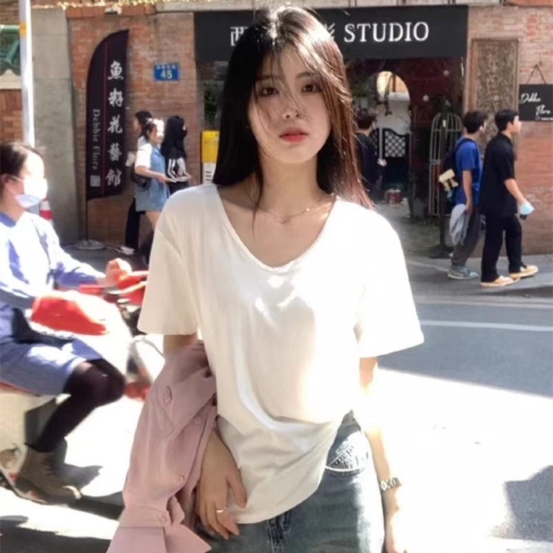 92 면 8 스판덱스 스트레치 U 칼라 어깨 넓은 느슨한 짧은 소매 티셔츠 여성용 여름면 티셔츠 슬림 화이트 탑