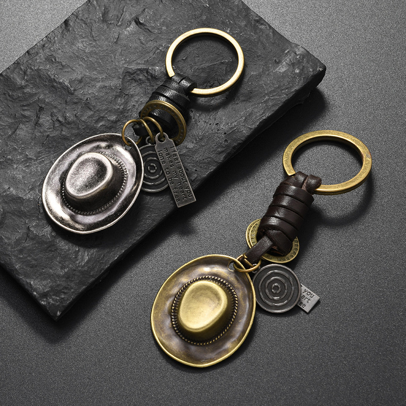 Cross-Border Jazz Hat Keychain Simple Personality Retro Alloy Cowboy Hat Pendant Woven Cowhide Car Keychain