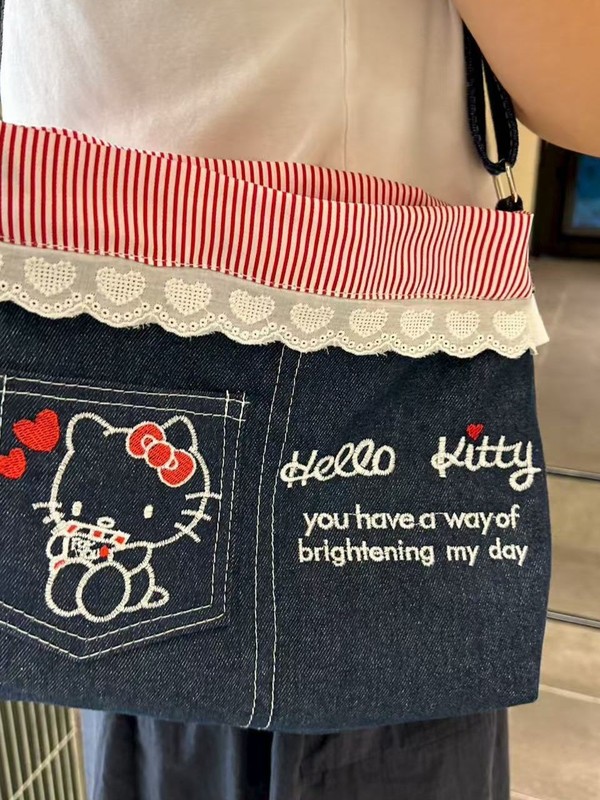 HelloKitty可爱新款单肩斜挎包ins牛仔撞色条纹刺绣大容量包包|undefined