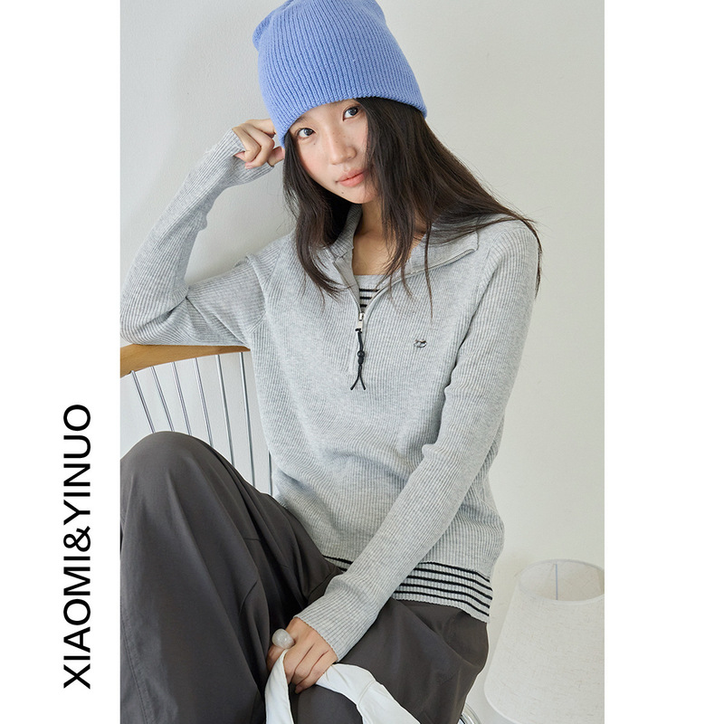 [Oufan] Striped Contrasting Color Stitching Fake Two-Piece Half-Zip Lapel Sweater Women's Autumn and Winter Top 3213