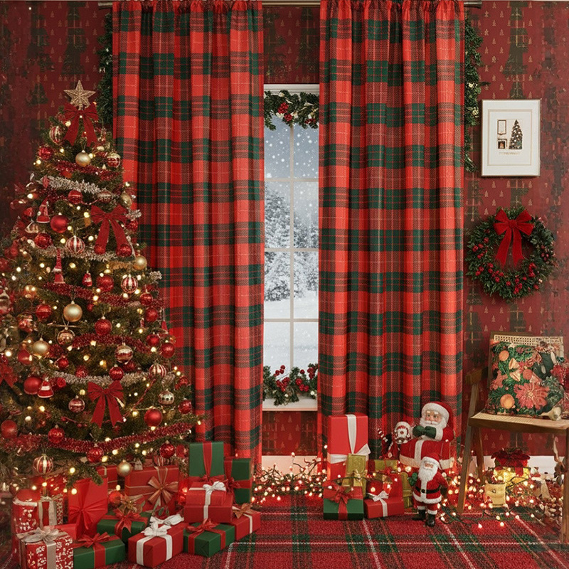 New American Christmas Curtains Christmas Plaid Printing Blackout Rectangular Beautification Decorative Fabric Finished Curtains New American Christmas Curtains Christmas Plaid Printing Blackout Rectangular Beautification Decorative Fabric Finished Curtains
