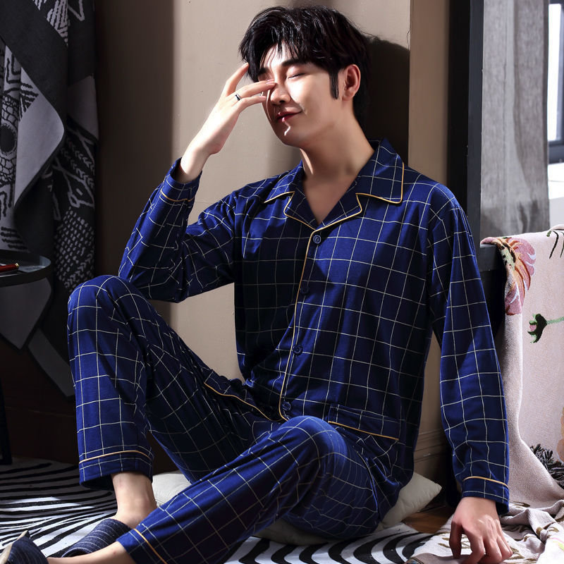 Pijamas de primavera y otoño de algodón de manga larga para hombres pijamas de otoño e invierno para hombres jóvenes de mediana edad delgada día de verano traje de uso doméstico