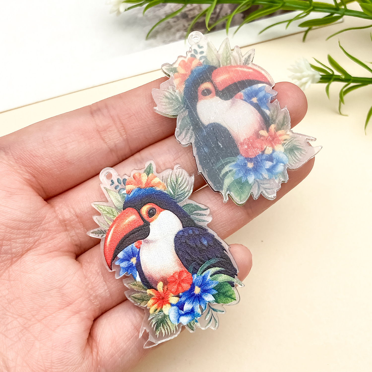 23947-QX-蓝色亚克力双面动物印花花朵鹦鹉40x30x