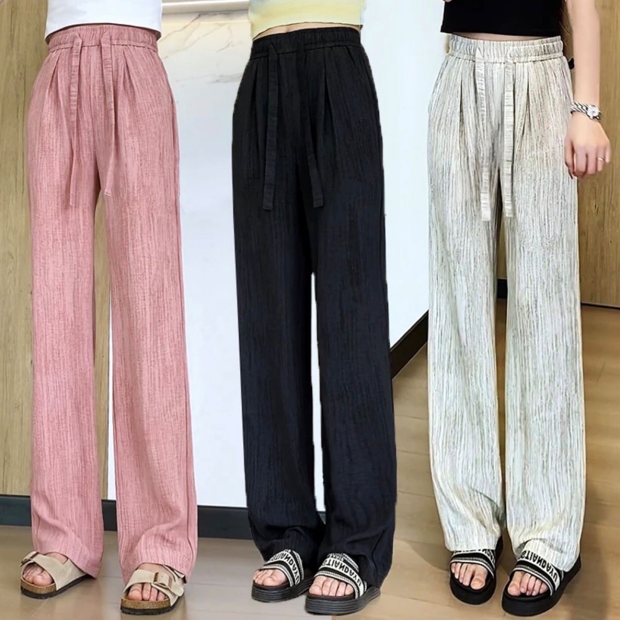 Pantalones de pierna ancha de seda de hielo para mujer verano 2025 nuevo estilo de cintura alta con cordón, pantalones de trapeador casuales americanos perezosos
