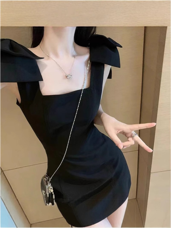 无袖法式蝴蝶结吊带黑色连衣裙2025夏季收腰女神气质小礼服裙子女|undefined