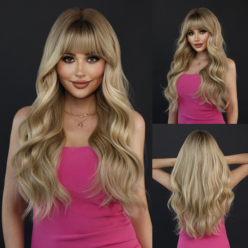 Order Ladies Milk Tea Blonde Big Wave with Bangs Chemical Fiber Wig Full Head Cover Ombre Blonde Wig