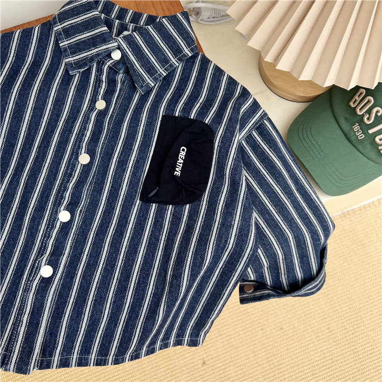 23 Îmbrăcăminte coreeană pentru copii, produs nou de toamnă, cămașă pentru băieți și fete, cu dungi verticale, rever, casual, din denim gros, exterior_voghion.com