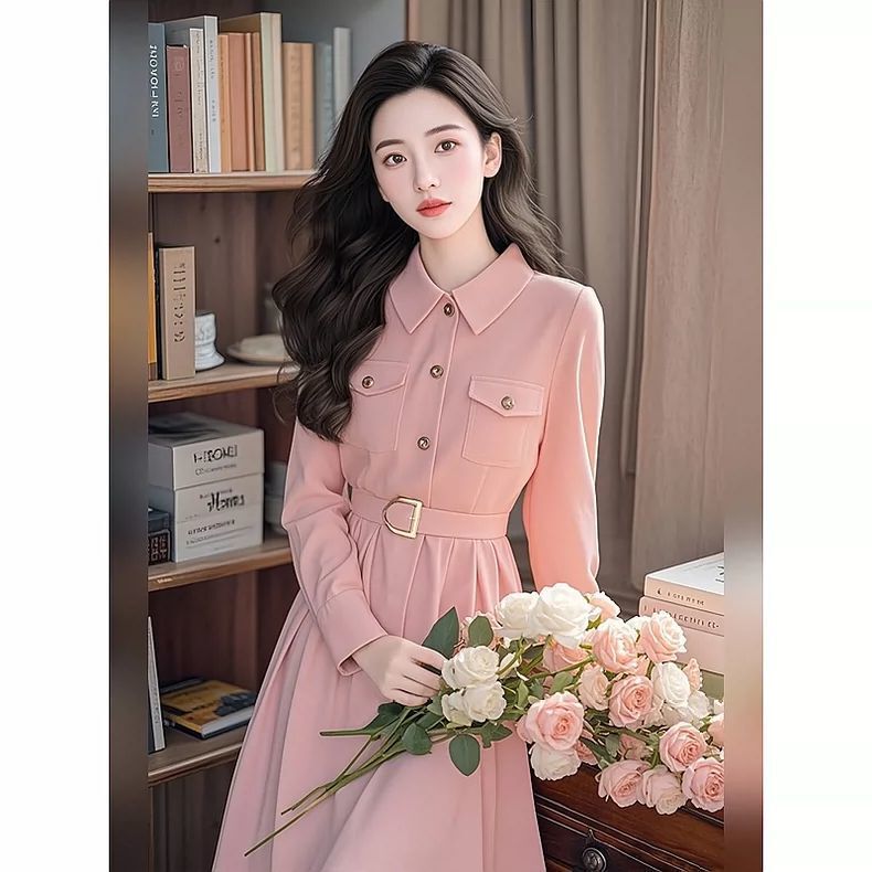 Early Autumn Fishing-Style Date Dress, French-Style Chanel-Inspired Formal Occasion Waist-Cinching Pink Long-Sleeve Dress for Women, 2026 New Model