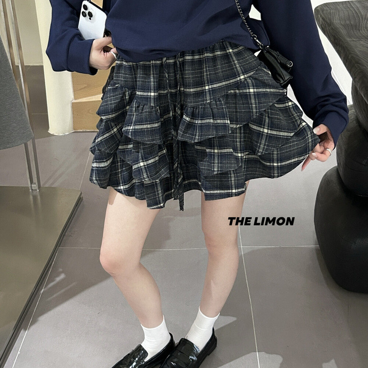 the limon柠檬绿茶2025秋季新款美式复古显瘦格纹半身裙女蛋糕裙|undefined