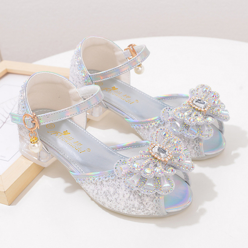 Fashionable Children's Princess Shoes, Shiny Crystal Shoes, Summer Silver-White Girls' Sandals, High Heels, Versatile Girls' Dresses