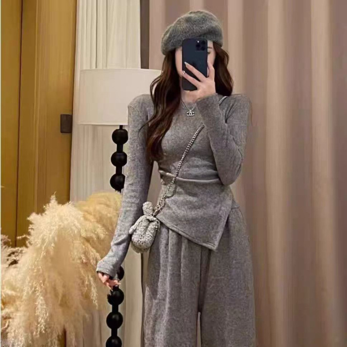 不规则纯色修身上衣女时尚百搭套装女春秋高腰阔腿长裤休闲两件套|undefined