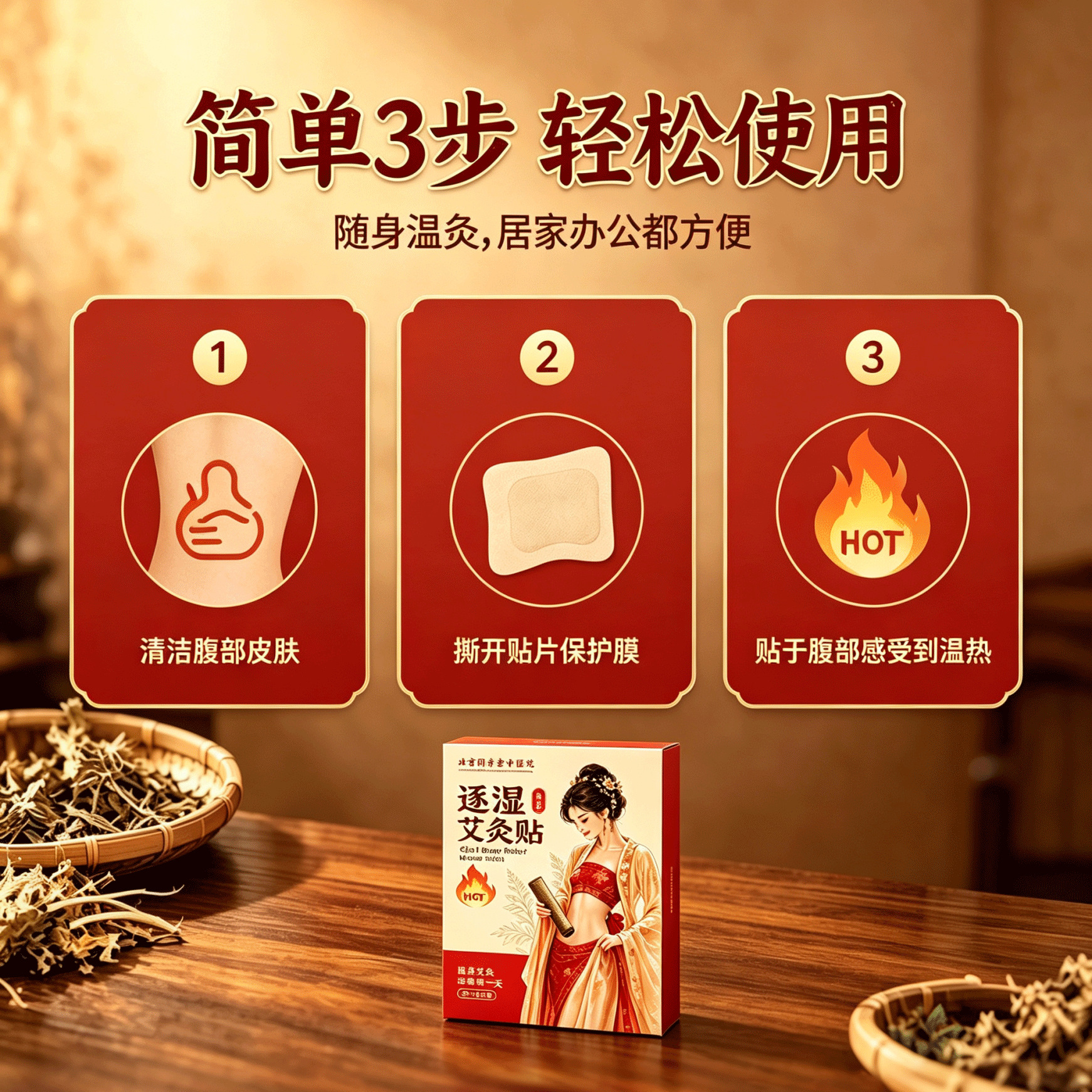 Zhu Shi Moxibustion Patch Wormwood Warm Belly Patch for Abdominal Care 2 Patches per Box in use