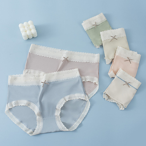 New women's ice silk underwear, high elasticity, contrasting color, sweet girly graphene breathable Japanese style mid-waist seamless briefs