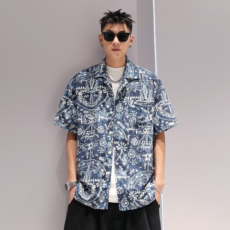 古着古巴领男士衬衫男女宽松港味美式复古情侣泰国港风短袖衬衣