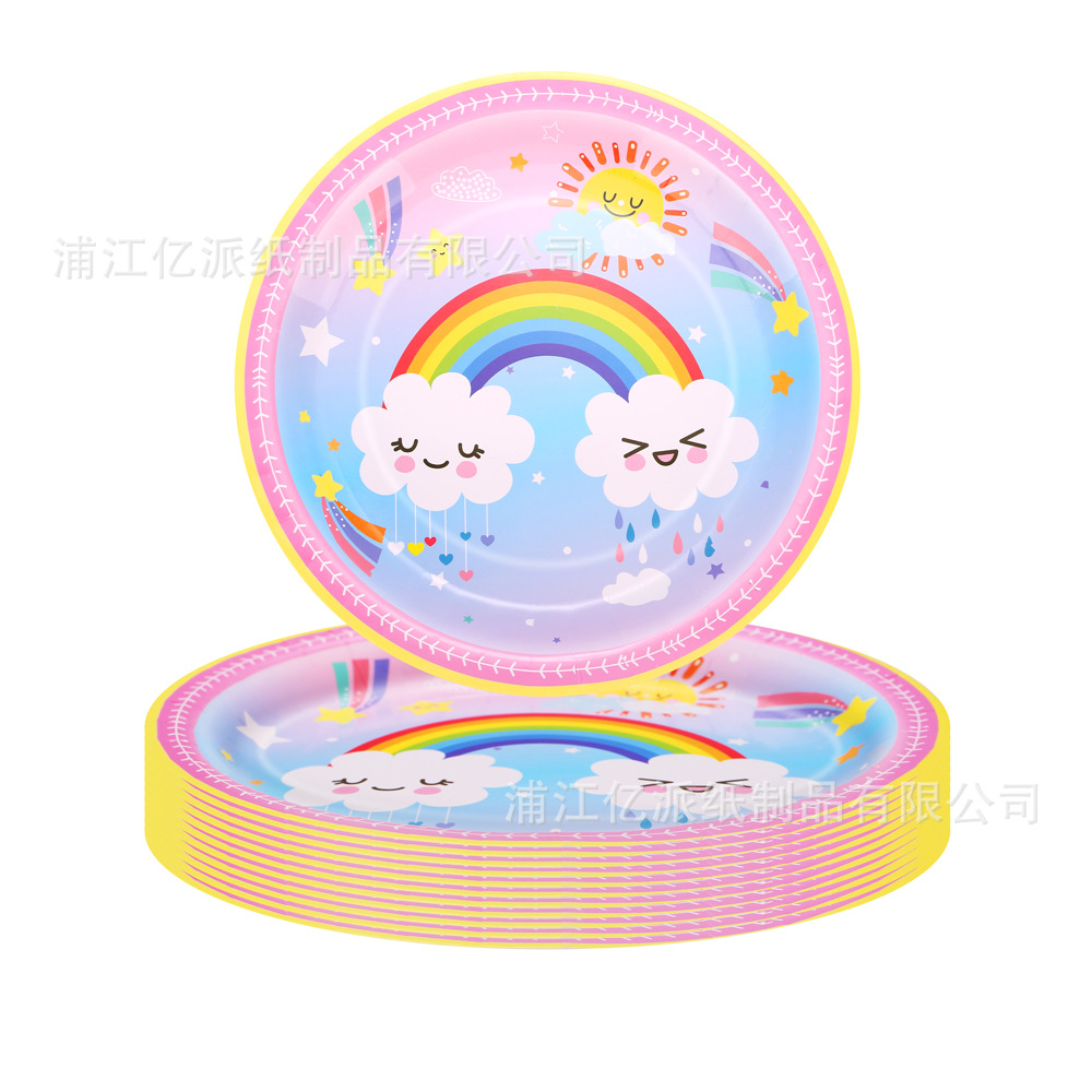 Arco iris rosa temático fiesta suministros set dibujos animados vasos de papel desechables bandejas de papel toallas cubiertos al por mayor