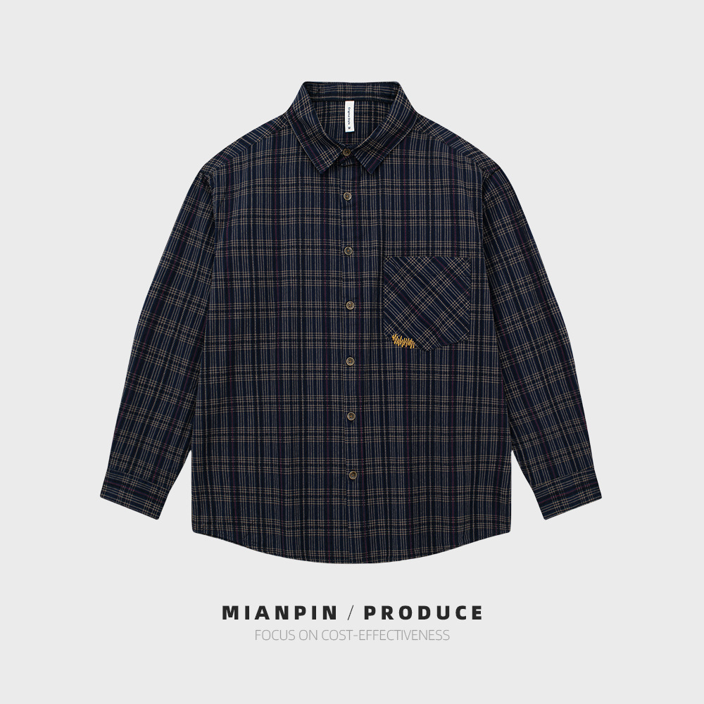 春秋メンズ純綿チェック柄長袖シャツ 日本風レトロ刺繍カジュアルウォッシュドコットンシャツ トレンドD261